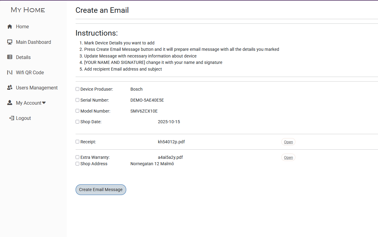 Select Device Information for Email